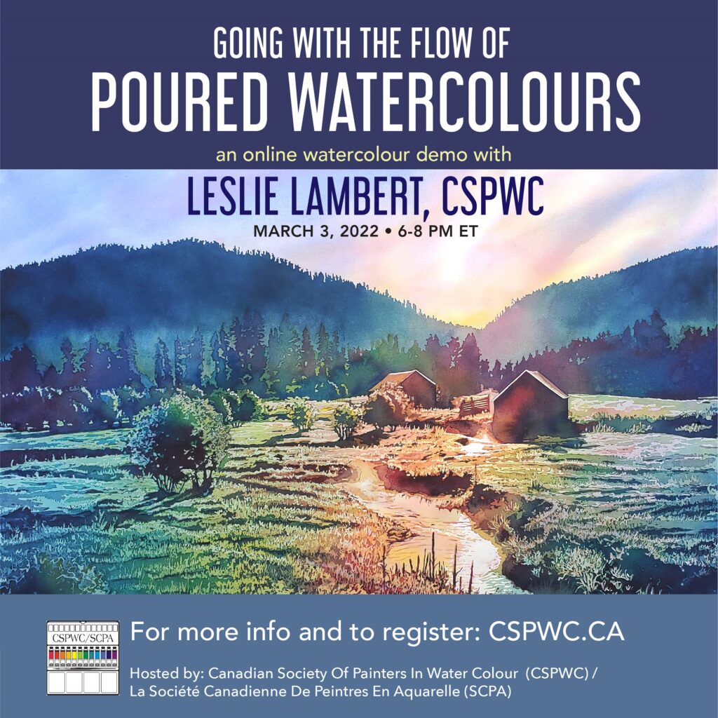 Poster image for Going with the Flow, a demonstration of poured watercolours. March 3, 2022
