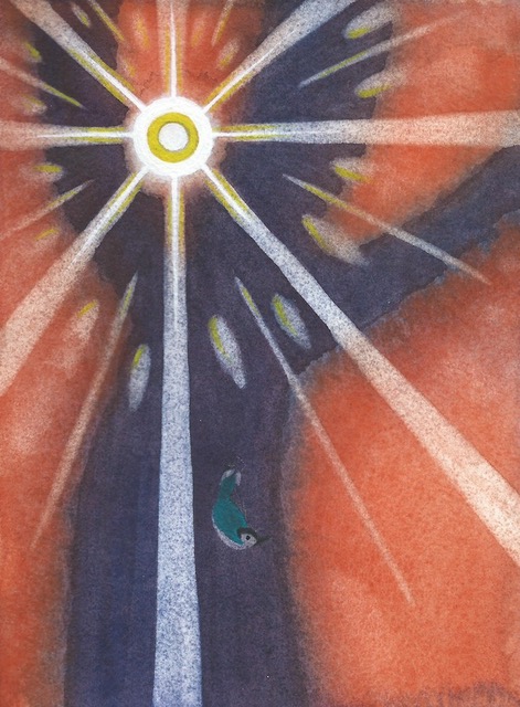 watercolour painting of a blue nuthatch bird with rays radiating from the sun through a tree