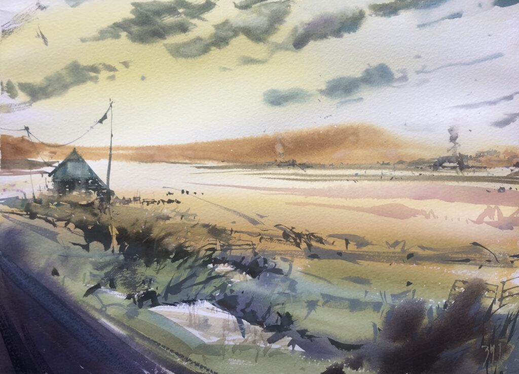 Watercolour landscape painting with a dramatic evening sky