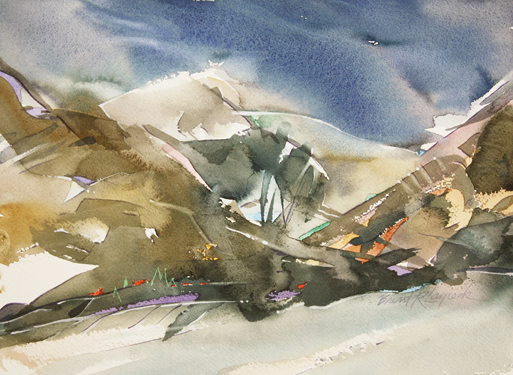 Abstract watercolour painting with angular brown shapes and a blue background