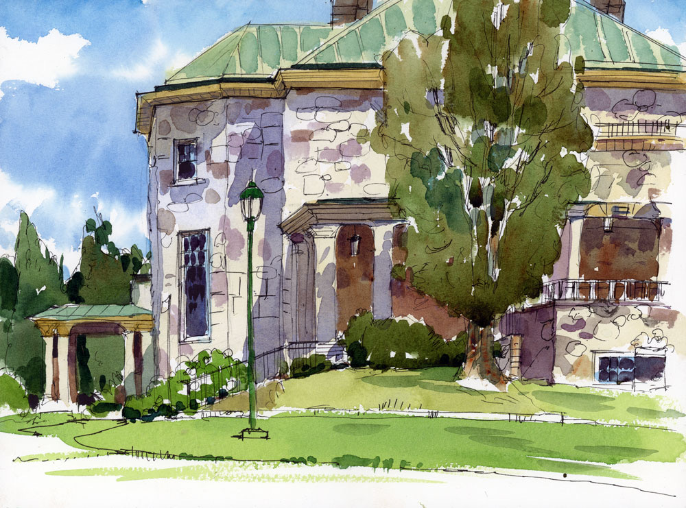Watercolour painting by Shari Blaukopf of Stewart Hall in Pointe Claire, PQ
