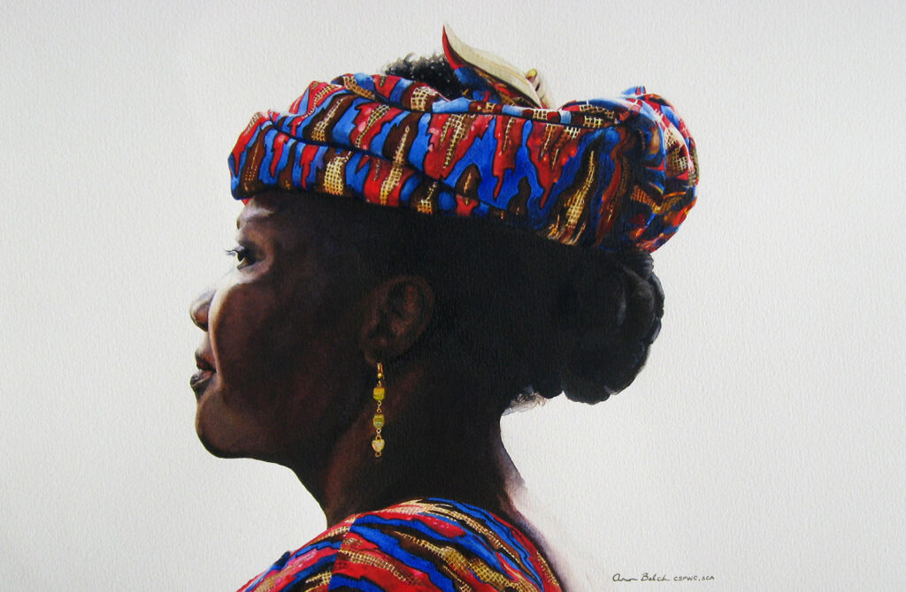 watercolour painting of a Black woman in profile. She is wearing a brightly coloured headress and matching clothing.