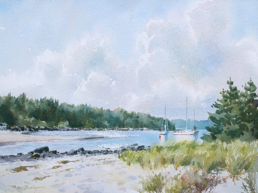 watercolour painting of a white sand beach, lined with grey rocks at the waterline. Three white sailboats are moored in the cove, with dark green evergreen trees on the far shore. The view is framed by grass and evergreens on the right