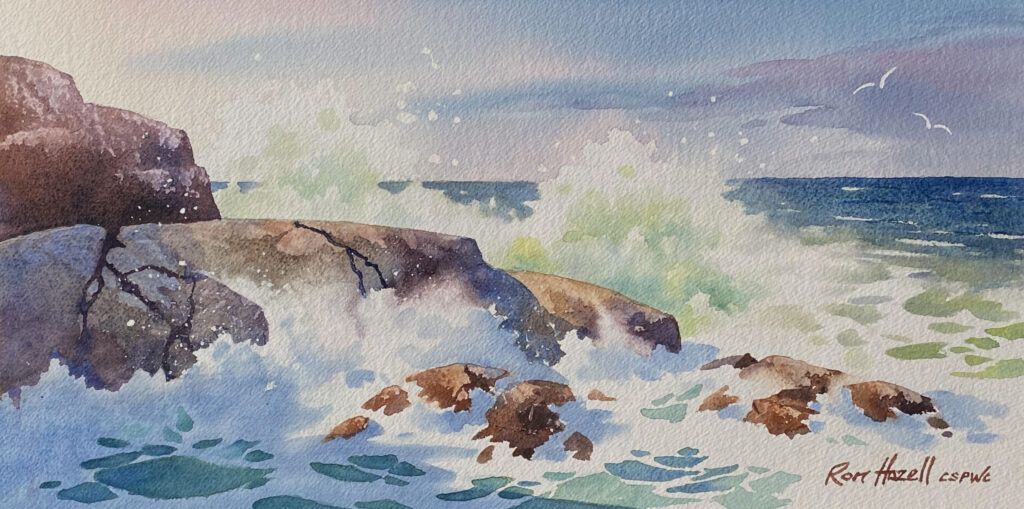 watercolour painting of waves striking a weathered granite outcrop. Sunlight appears to make the foam around the rocks glow and the sea is a deep blue in the background